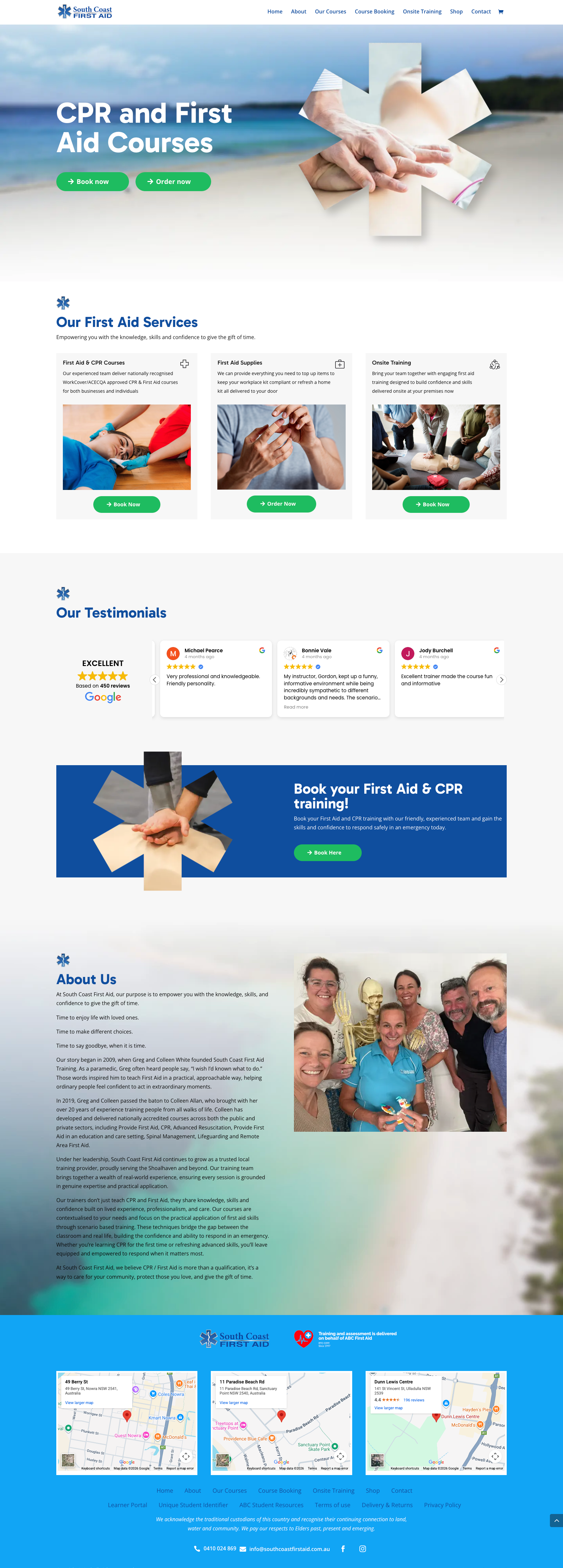 South Coast First Aid WordPress booking site screenshot